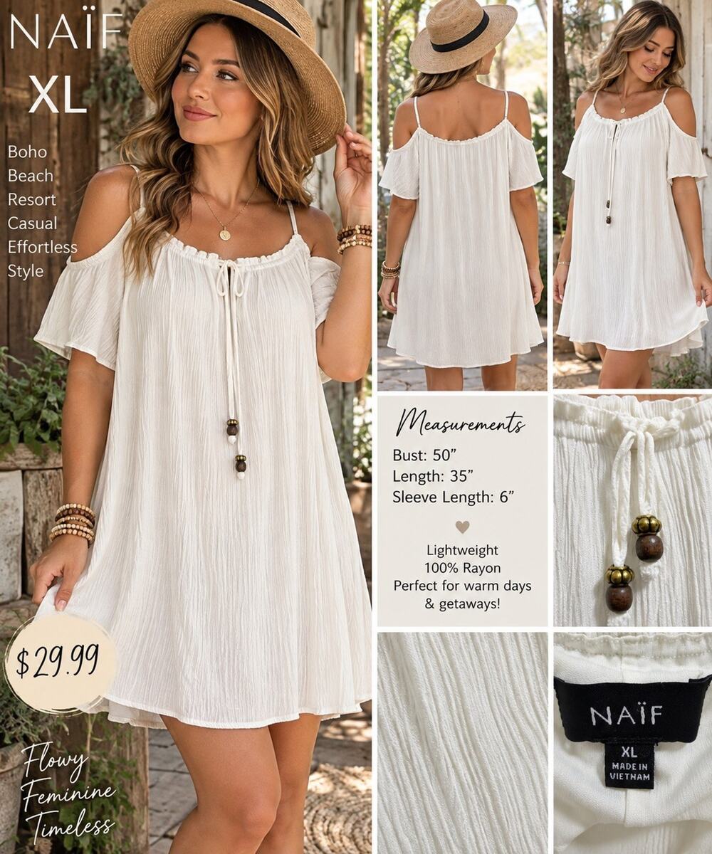 NAIF XL White Boho Mini Dress Cold Shoulder Crinkle Rayon Peasant Beach